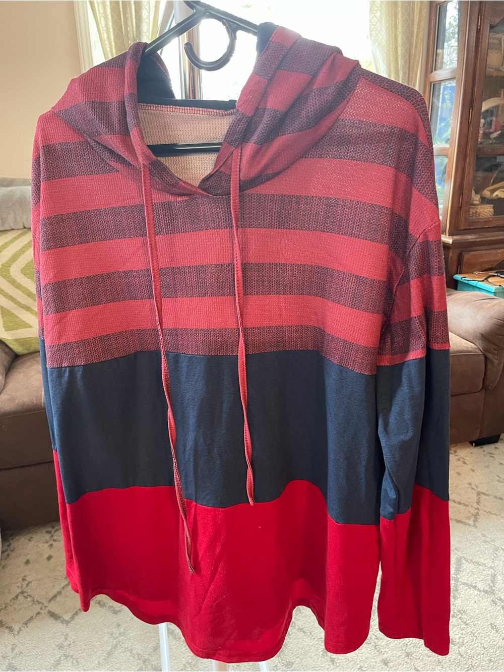 Women’s Red & Navy Striped Hooded Pullover Shirt